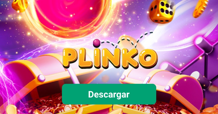 Imagen promocional colorida del juego Plinko, con cofres del tesoro abiertos llenos de monedas, dados dorados flotando y una esfera rosa brillante. En el centro, el título 'PLINKO' y un botón verde con la palabra Descargar.